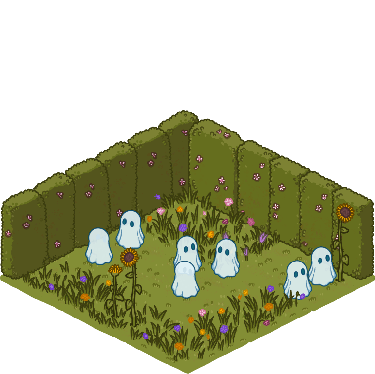 A bunch of cute ghosts hanging out in a flowery field.